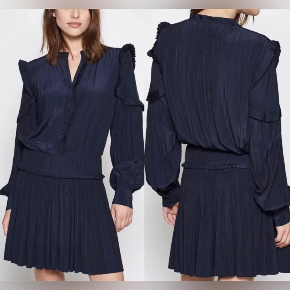 Joie Jazelle Pleated Ruffle LONG SLEEVE MINE Dress NAVY BLUE Size 2 NEW